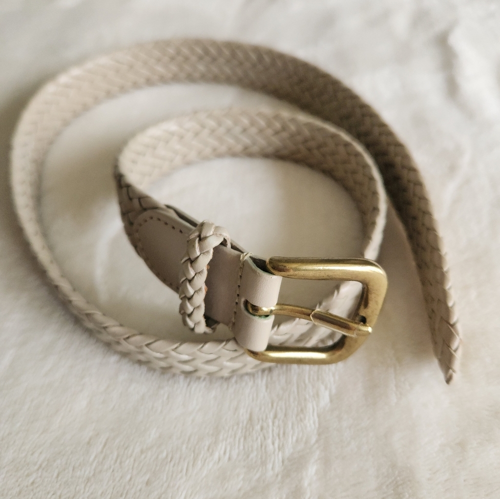 Talbots Cream All Leather Braided Belt with Gold Buckle XS